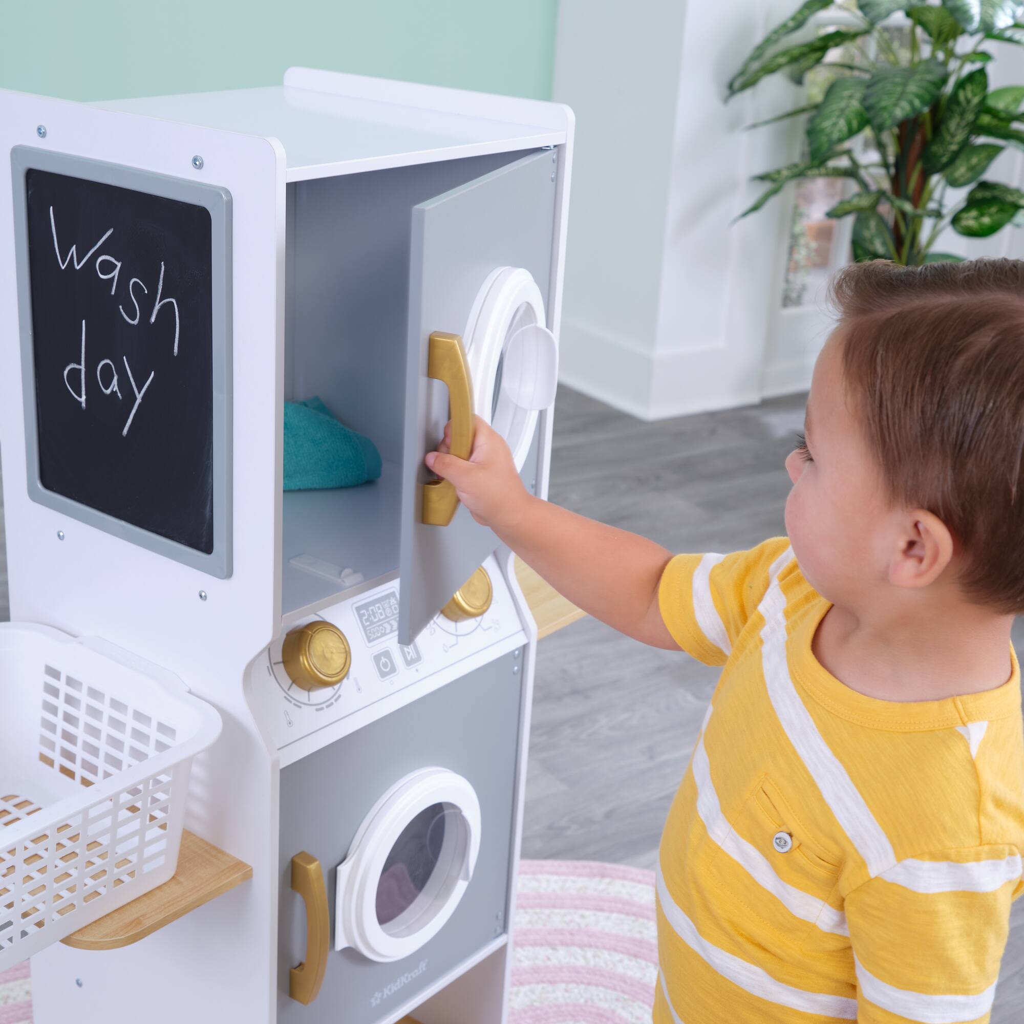 KidKraft White Wooden Laundry Play Set, Stacking Washer & Dryer with Iron & Basket